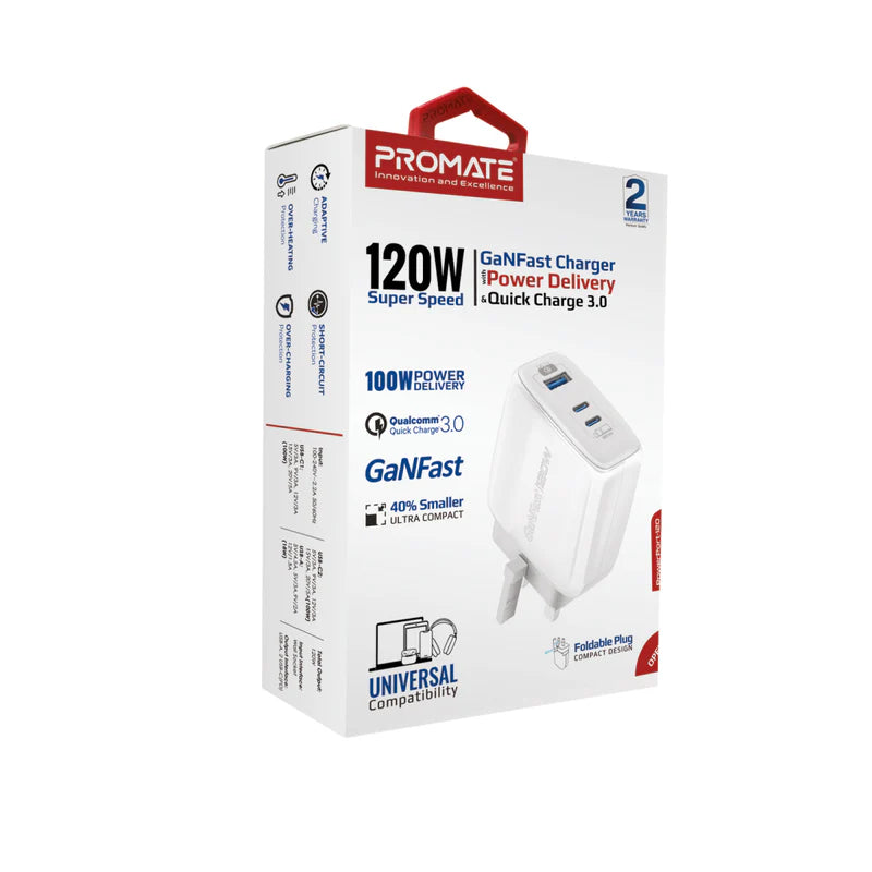 Promate 120W Super-Speed Ganfast Charger With Power Delivery & Quick Charge 3.0, White