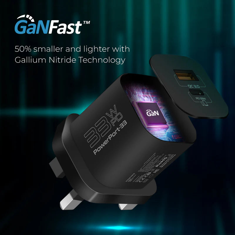 Promate 33W Power Delivery Ganfast Charging Adapter, Black