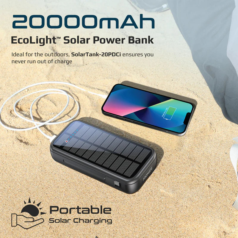 Promate 20000Mah Ecolight Solar Power Bank (20W, Built-In Usb-C & Lightning Cables)