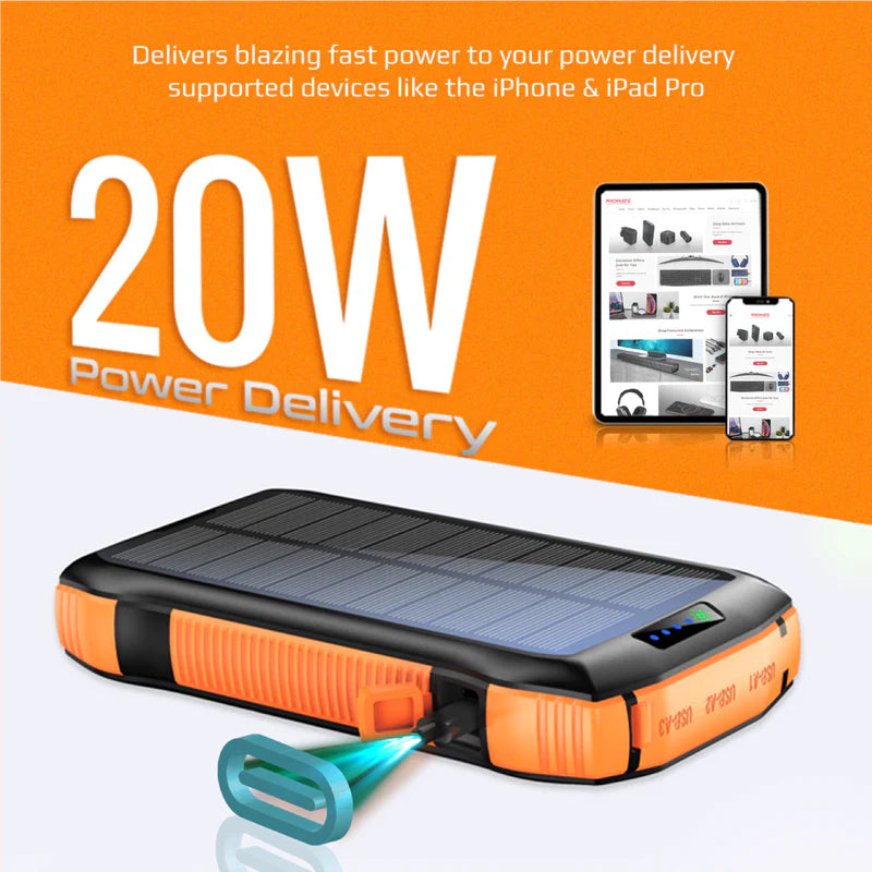 Promate 20000Mah Rugged Ecolight Solar Power Bank (20W, Wireless Charging, Usb-A & Usb-C)