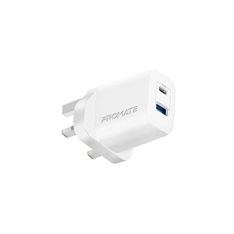 Promate 17W High-Speed Dual Port Charger, White