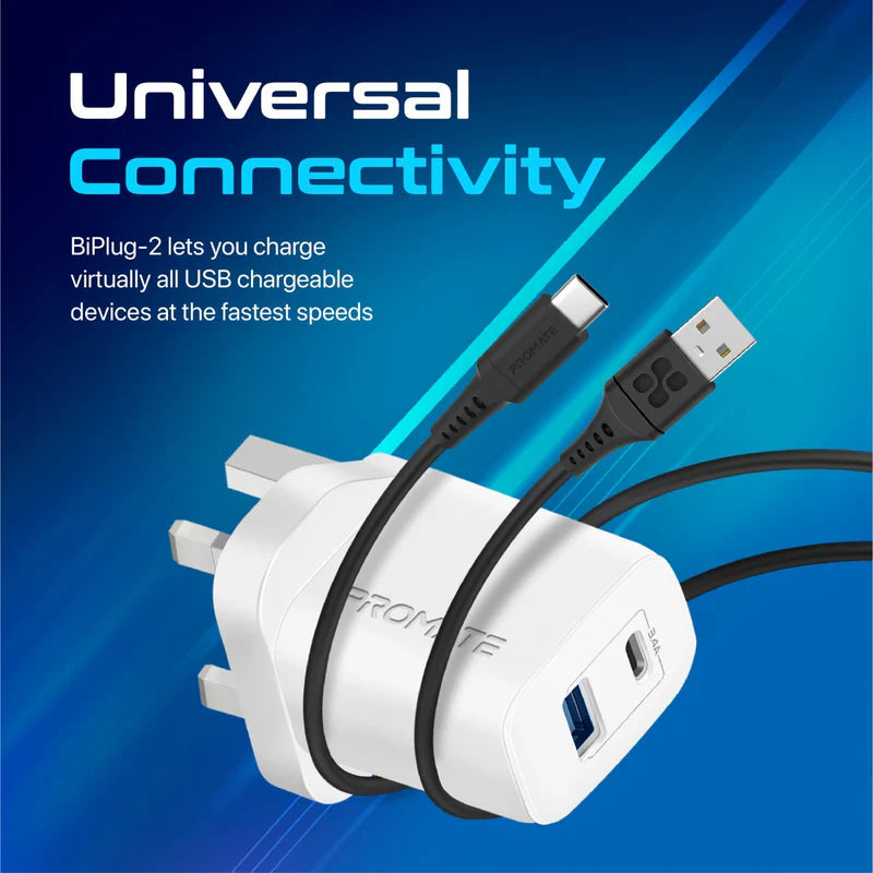 Promate 17W High-Speed Dual Port Charger, White
