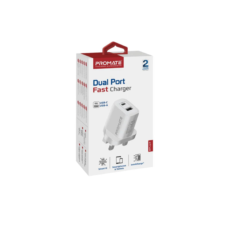 Promate 17W High-Speed Dual Port Charger, White