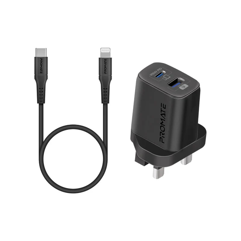 Promate 25W Power Delivery Dual Port Adapter With Ultra-Fast Usb-C To Lightning Cable 120Cm