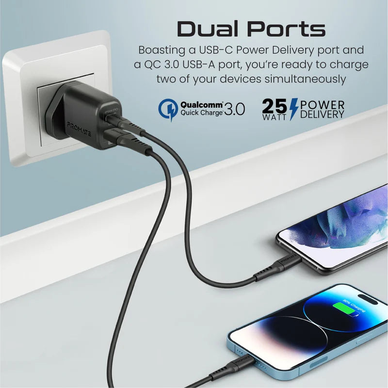 Promate 25W Power Delivery Dual Port Adapter With Ultra-Fast Usb-C To Lightning Cable 120Cm