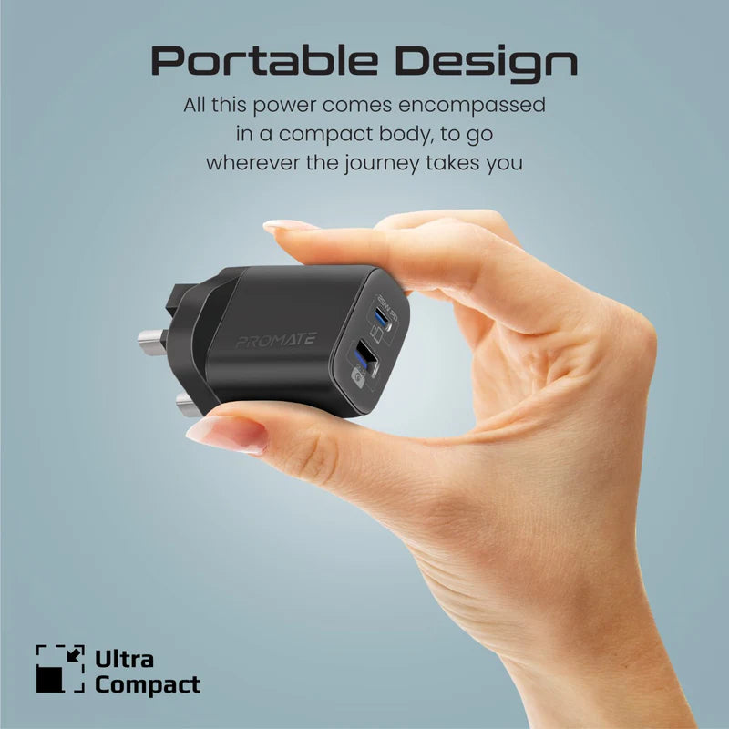 Promate 25W Power Delivery Dual Port Adapter With Ultra-Fast Usb-C To Lightning Cable 120Cm