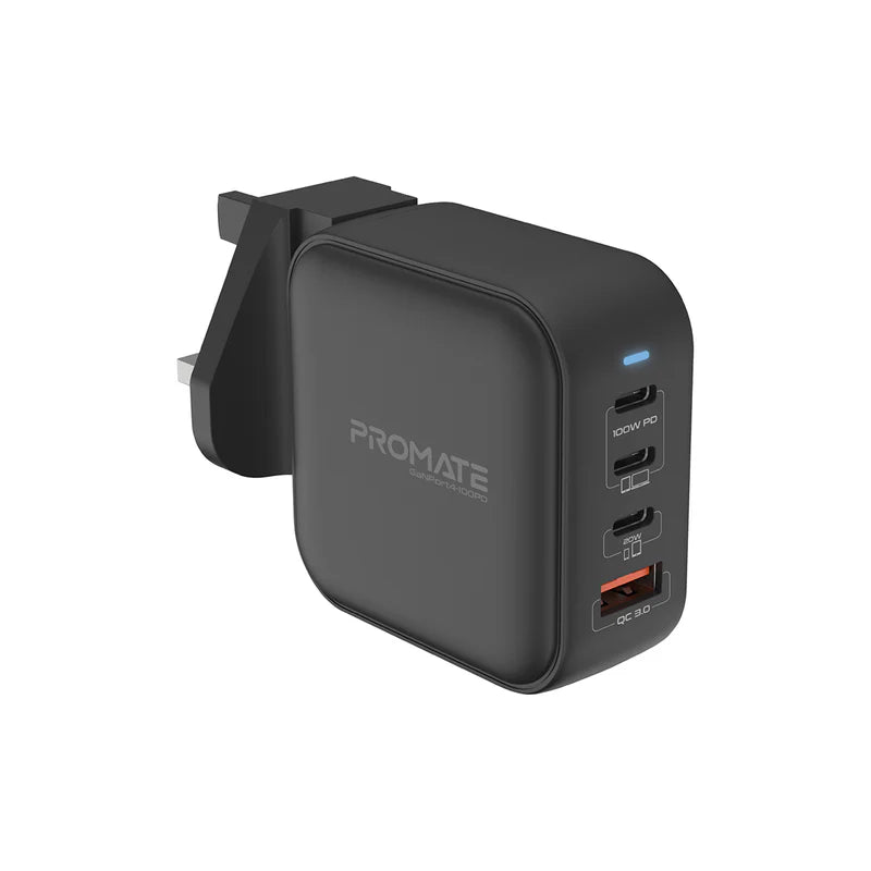 Promate 100W Power Delivery Ganfast Charger With Quick Charge 3.0, Black