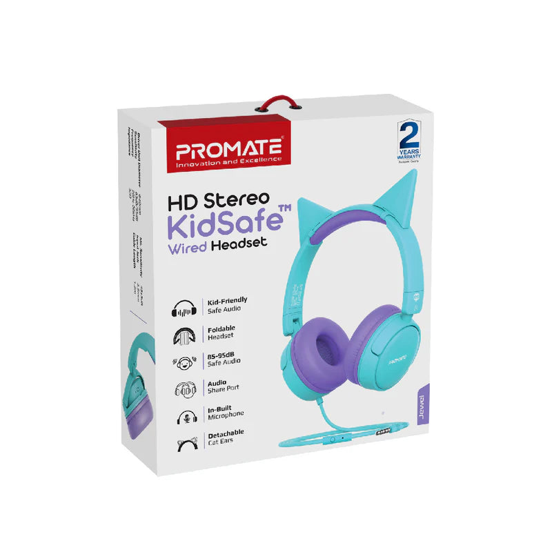 Promate Kidsafe Kawaii Style Wireless Kids Headset, Aqua Jewel
