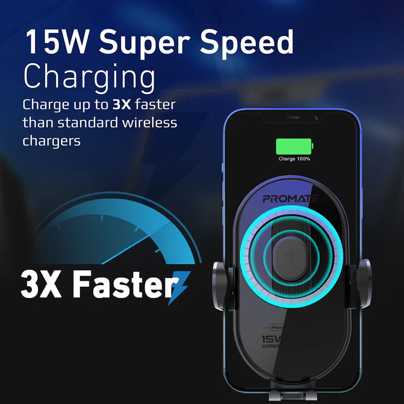 Promate 15W Smart Sensor Car Wireless Charger, Black