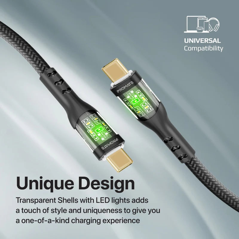 Promate 60W Power Delivery Ultra-Fast Usb-C Cable (Transparent Shells), 120Cm, Black