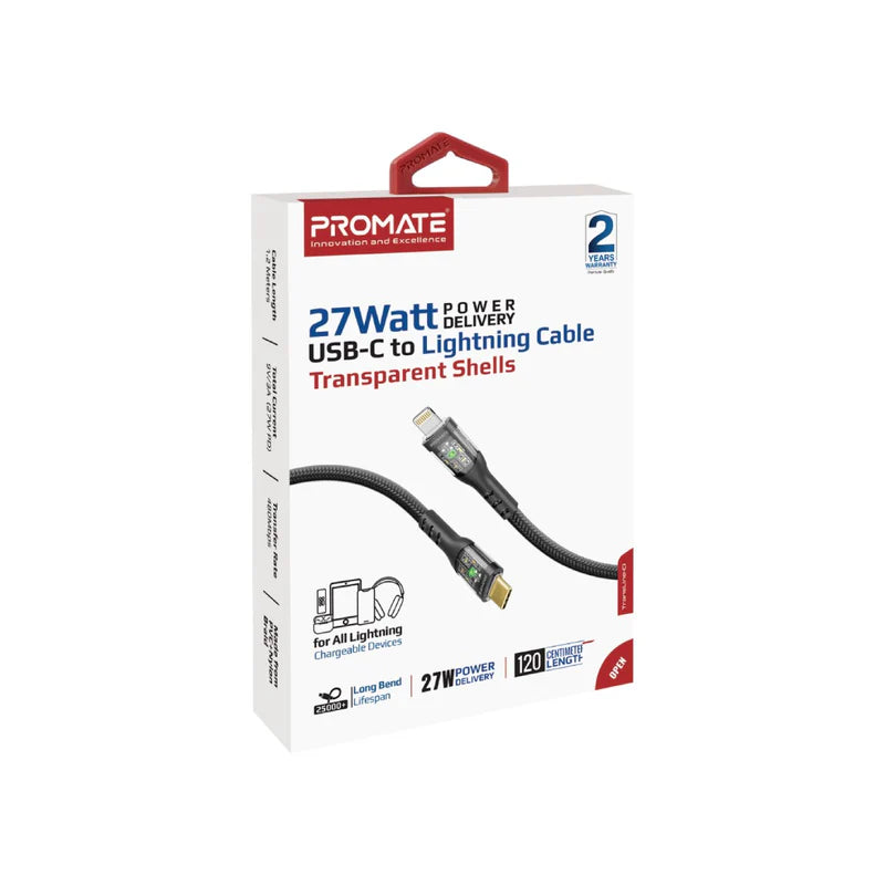 Promate 27W Power Delivery Usb-C To Lightning Cable (Transparent Shells), 120Cm, Black