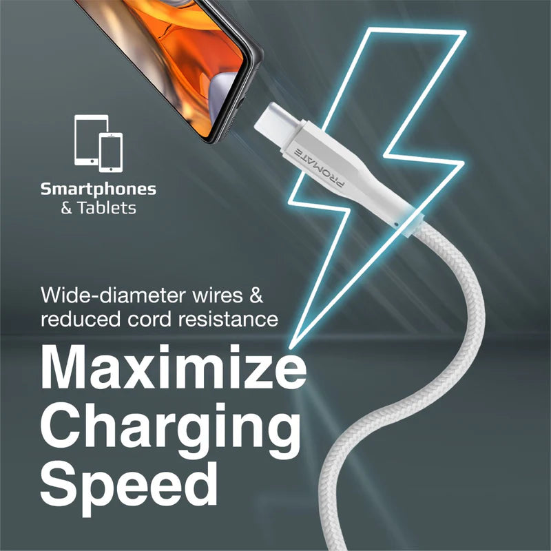 Promate Super Flexible Data and Charge Usb-C Cable 100Cm, White