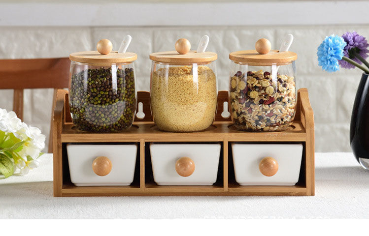 Set of 6 Seasoning Box, Glass Storage Container With Bamboo Lid Spoon and Tray