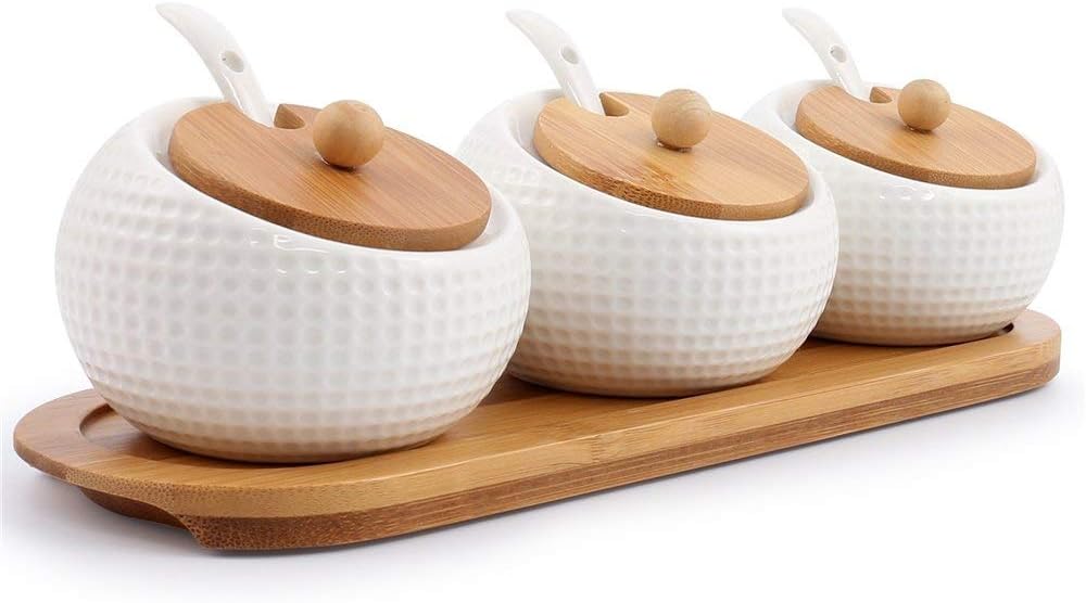3 Pieces, 5.8 Oz White Porcelain Condiment Jar With Lids, Wooden Tray Pottery Cruet Pot