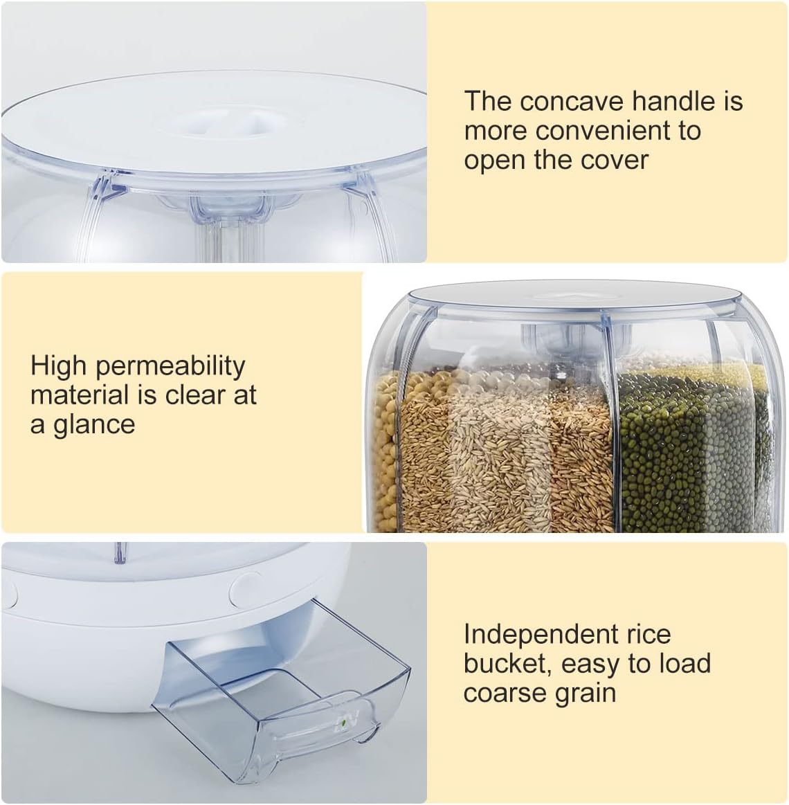8Kg 360° Rotating 6 Grid Dry Food Dispenser With Sealing Lid (Size: 27*27*24Cm) - White