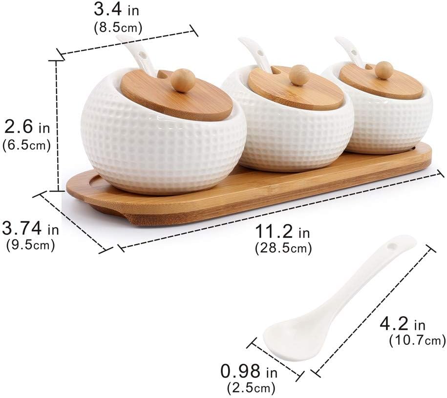 3 Pieces, 5.8 Oz White Porcelain Condiment Jar With Lids, Wooden Tray Pottery Cruet Pot