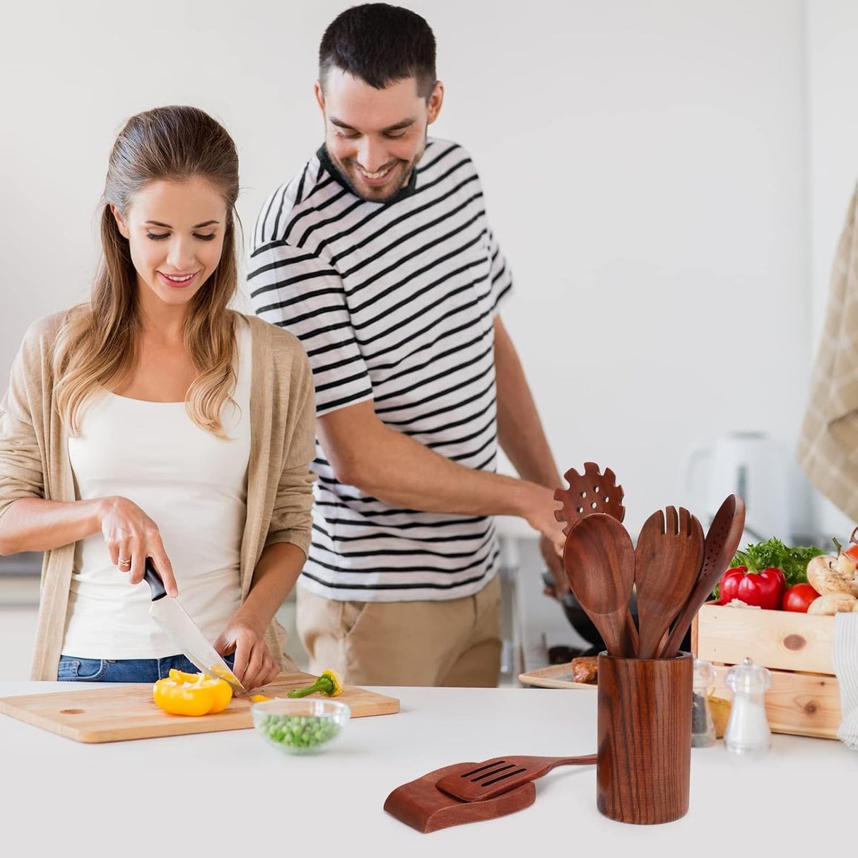 16 Pcs Wooden Spoons For Cooking, Wooden Utensils For Cooking With Utensils Holder