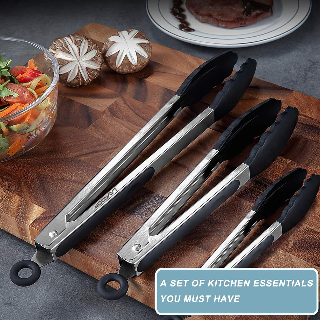 Kitchen Tongs Set of 3 Stainless Steel (Sizes: 7, 9, 12 Inches)
