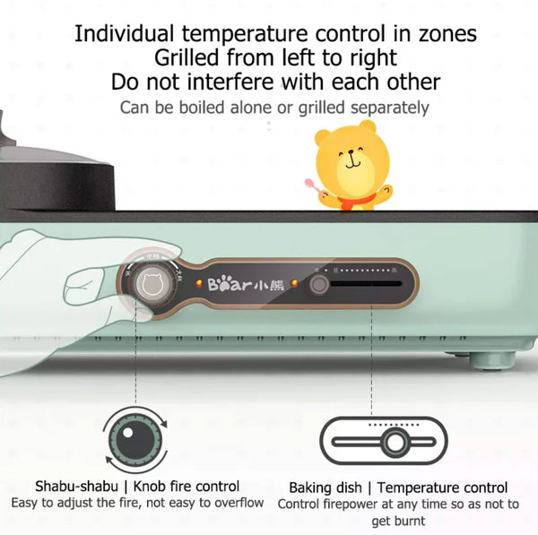Bear Steamboat With Bbq Grill, 2 In 1 Multi Cooker With Non-Stick Inner Pot