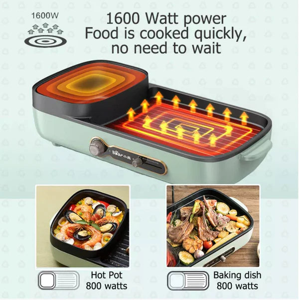 Bear Steamboat With Bbq Grill, 2 In 1 Multi Cooker With Non-Stick Inner Pot