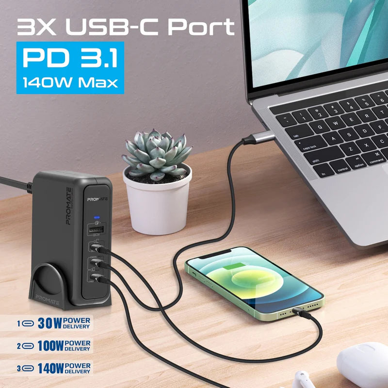 Promate 140W Super-Speed Ganfast Charging Station With Power Delivery 3.1 & Quick Charge 3.0