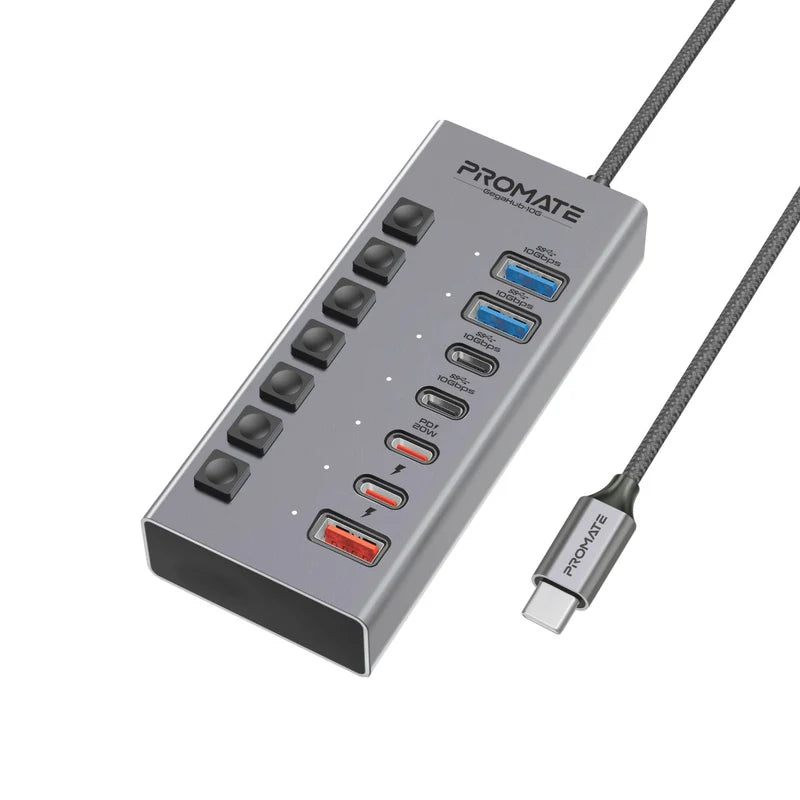 Promate 7-In-1 High Speed Multi-Ports 10Gbps Data & Charging Hub