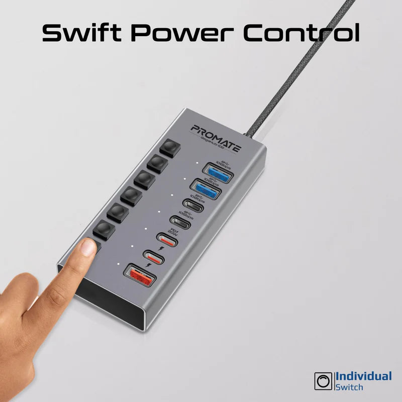 Promate 7-In-1 High Speed Multi-Ports 10Gbps Data & Charging Hub