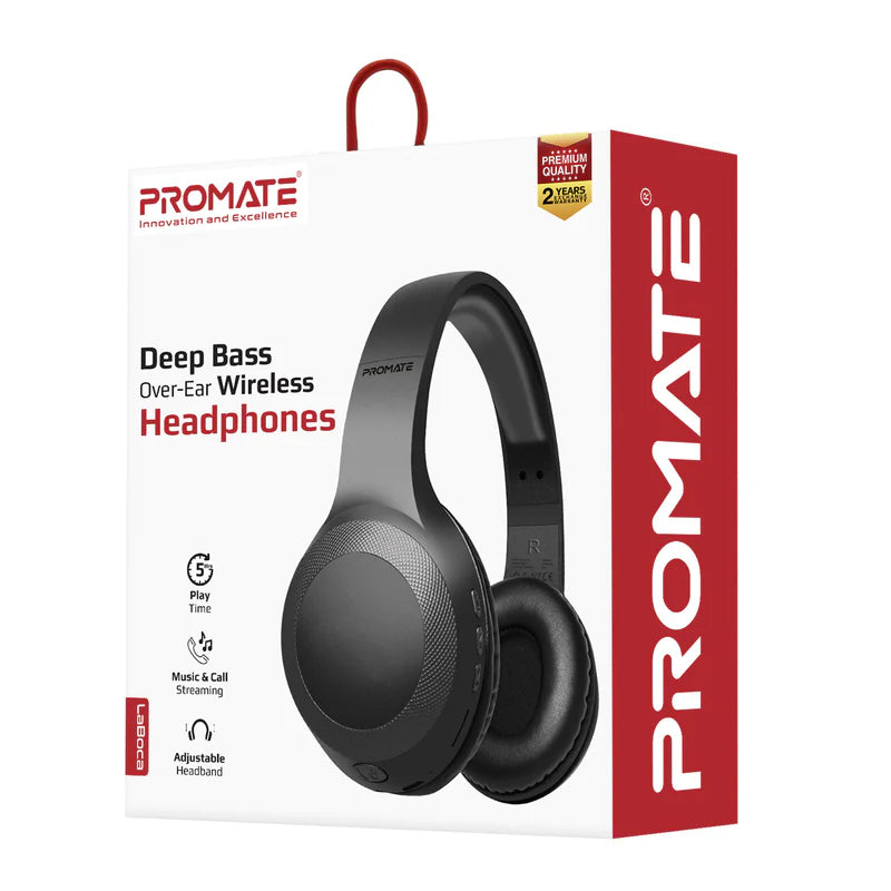 Promate Deep Bass Over-Ear Wireless Headphones, Black