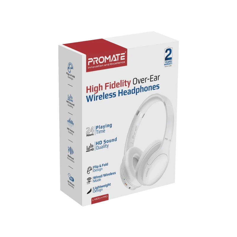 Promate High Fidelity Over-Ear Wireless Headphones, White