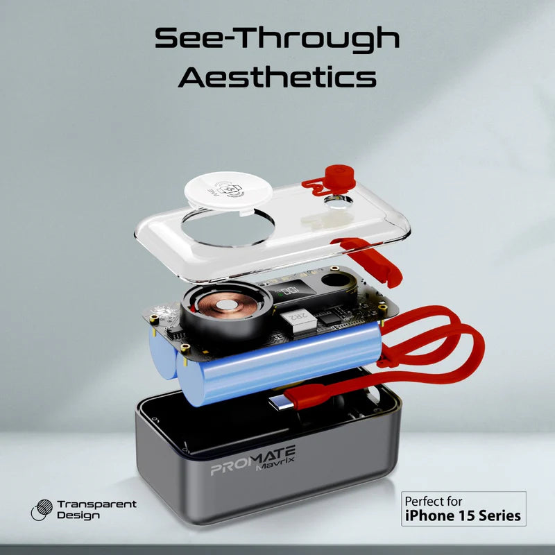 Promate 10000Mah Transparent Smartphone and Apple Watch Charging Power Bank (35W, Built-In Usb-C & Lightning Cable), Black