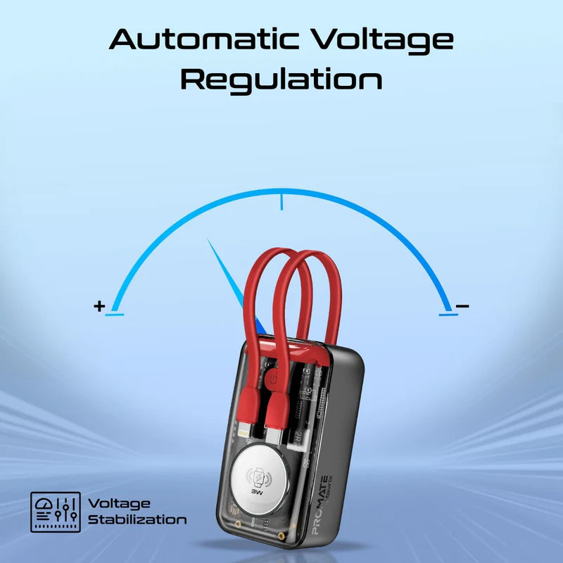 Promate 10000Mah Transparent Smartphone and Apple Watch Charging Power Bank (35W, Built-In Usb-C & Lightning Cable), Black