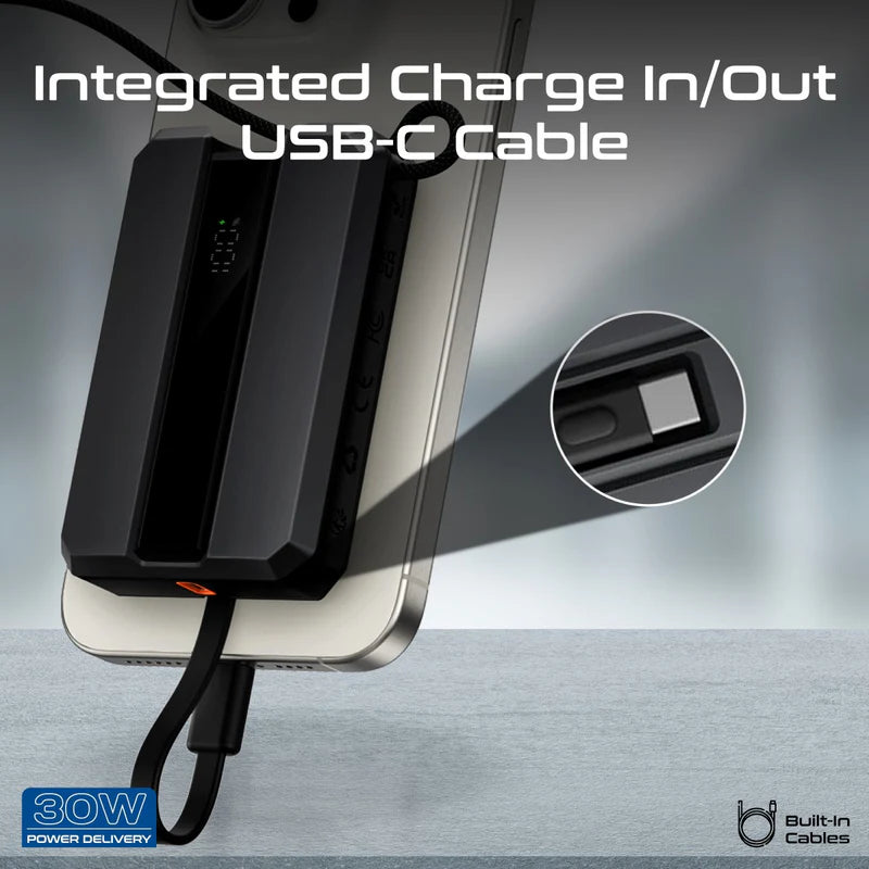 Promate 30W Power Delivery Ultra-Fast Power Bank For Smartphone & Apple Watch With In-Built Usb-C Cable, Black