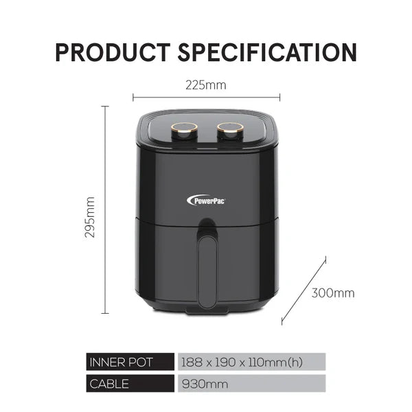 PowerPac 4L Air Fryer With Hot Air Flow System, 1400W
