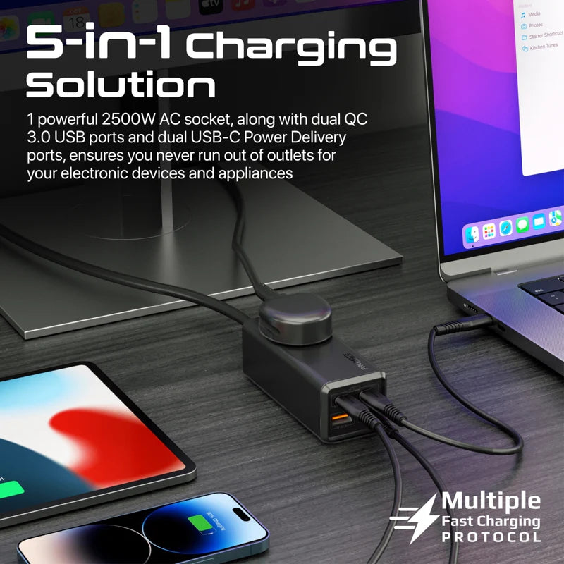 Promate 65W Ganfast™ Multi-Port Power Strip With Universal Ac Socket, Black