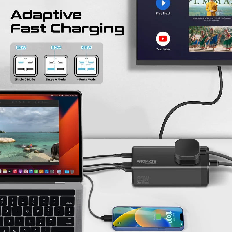 Promate 65W Ganfast™ Multi-Port Power Strip With Universal Ac Socket, Black