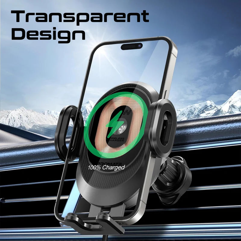 Promate 15W Transparent Auto Clamping Car Wireless Charging Mount
