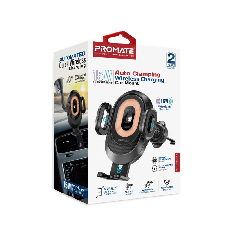 Promate 15W Transparent Auto Clamping Car Wireless Charging Mount