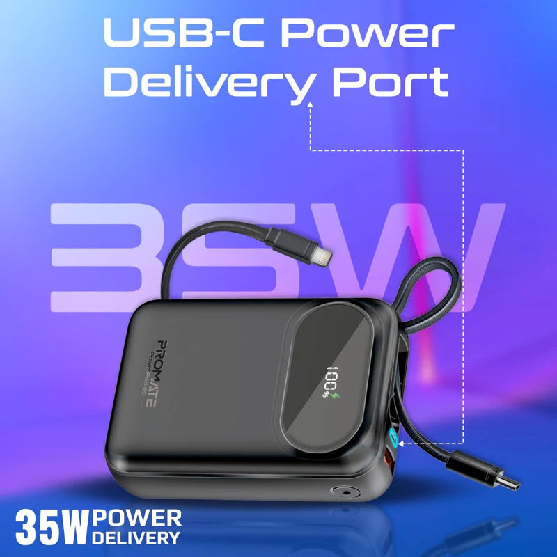Promate Ultra Compact 35W Superspeed™ Power Bank With Built-In Usb-C & Lightning Cable, Black