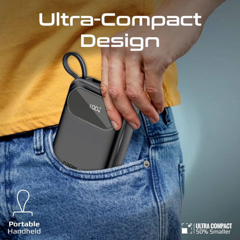Promate Ultra Compact 35W Superspeed™ Power Bank With Built-In Usb-C & Lightning Cable, Black