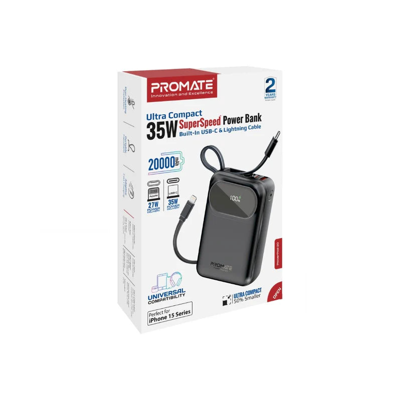 Promate Ultra Compact 35W Superspeed™ Power Bank With Built-In Usb-C & Lightning Cable, Black