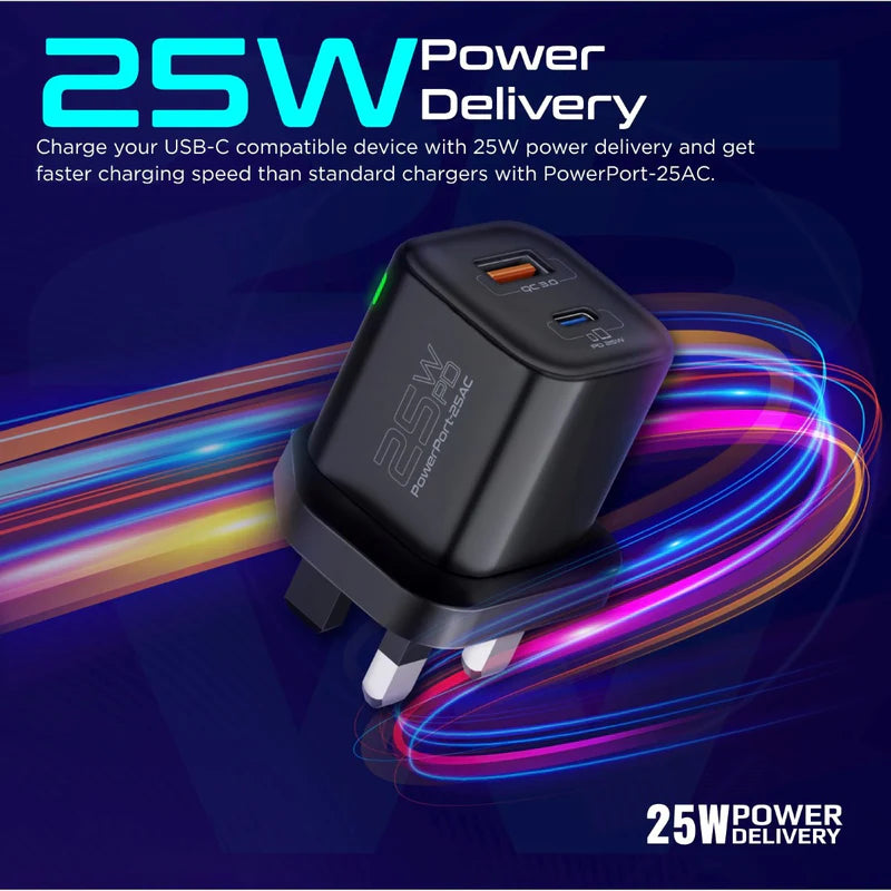 Promate 25W Ultra-Fast Dual Port Ac Charger With Power Delivery and Quick Charge 3.0, Black