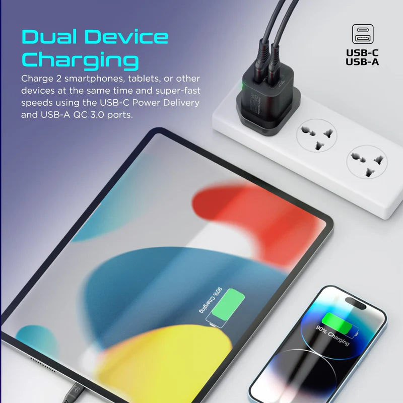 Promate 25W Ultra-Fast Dual Port Ac Charger With Power Delivery and Quick Charge 3.0, Black