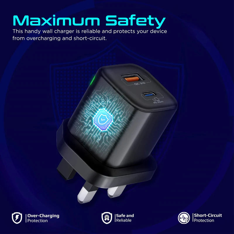 Promate 25W Ultra-Fast Dual Port Ac Charger With Power Delivery and Quick Charge 3.0, Black