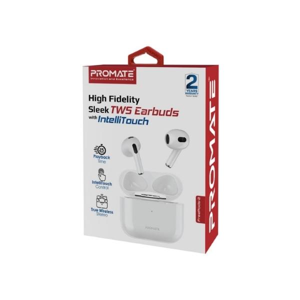 Promate High Fidelity Sleek Tws Earbuds With Intellitouch, White