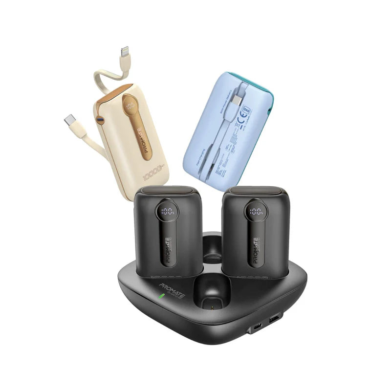 Promate 4-Piece 10000Mah Power Bank Charging Set (12W, Built-In Usb-C and Lightning Cables)