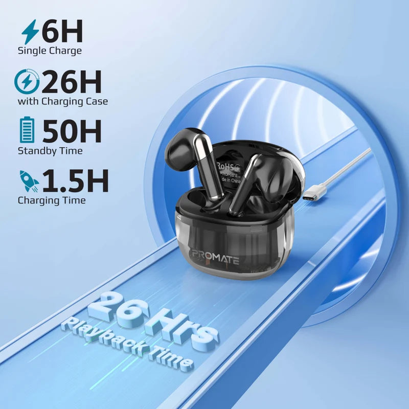 Promate High Definition Transparent Tws Earbuds With Intellitouch, Black