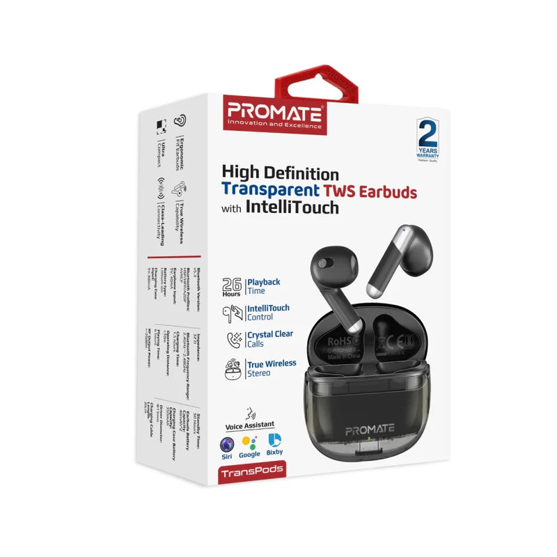 Promate High Definition Transparent Tws Earbuds With Intellitouch, Black
