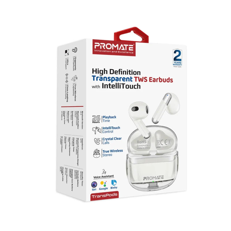 Promate High Definition Transparent Tws Earbuds With Intellitouch,White
