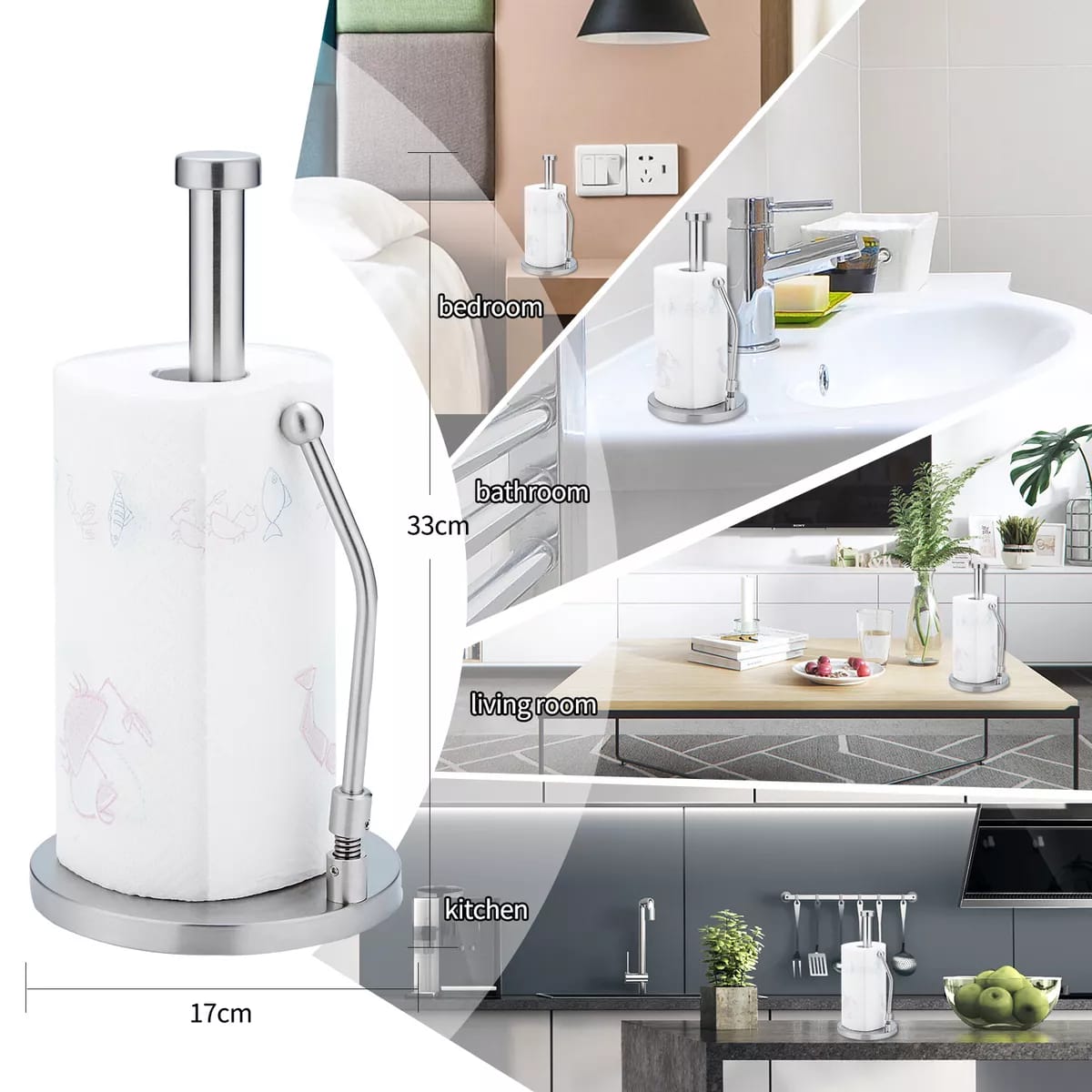 Paper Towel Holder For One Hand Tear With Standing Weighted Base Non Slip