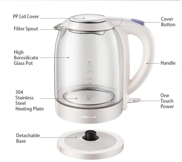 Bear Electric Kettle Glass Kettle, 1.7L